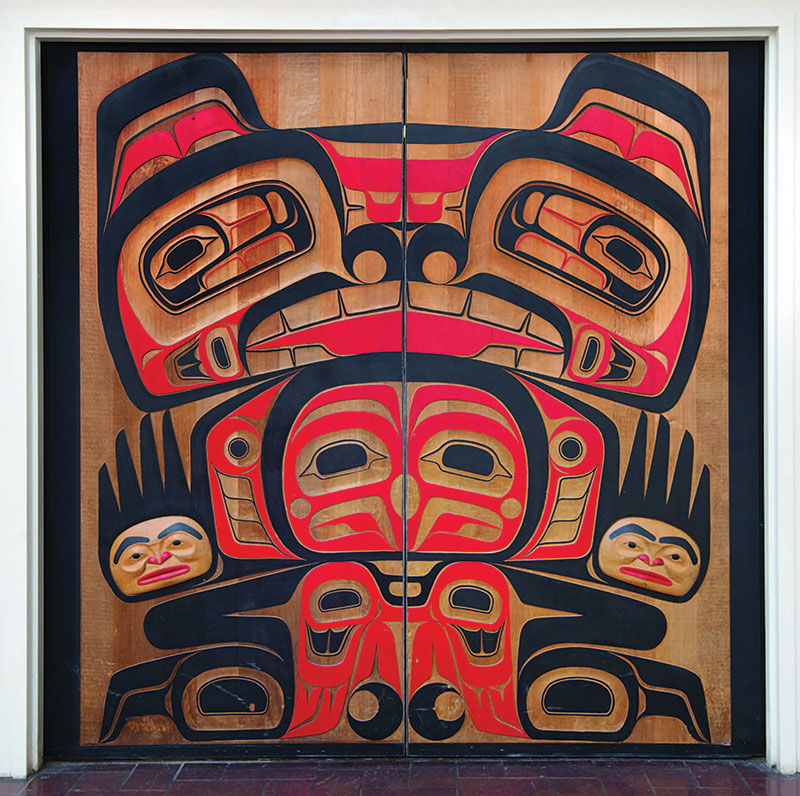 Bear Wall (A.1995.93.2421V), carved red cedar doors by Marvin Oliver (Quinault/Isleta).
